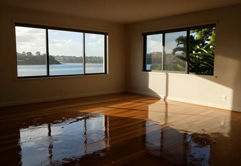 Flooded living room in Elizabeth Bay before restoration